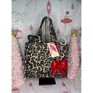 Luv Betsey Johnson Leopard Cheetah Quilted Tote with Red Bow Charm